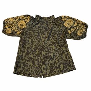 THML Olive Leopard Print Blouse w Tan Embroidered Puff Sleeves Size M